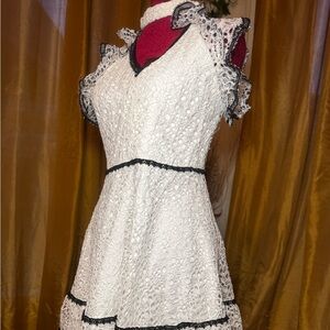 White Lace Fit-and-Flare Dress with Black Trim